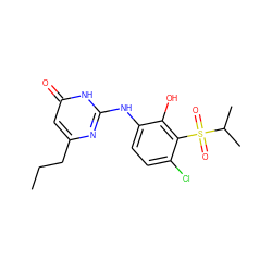 CCCc1cc(=O)[nH]c(Nc2ccc(Cl)c(S(=O)(=O)C(C)C)c2O)n1 ZINC000299822780