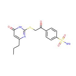 CCCc1cc(=O)[nH]c(SCC(=O)c2ccc(S(N)(=O)=O)cc2)n1 ZINC000084602486