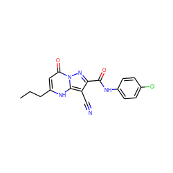 CCCc1cc(=O)n2nc(C(=O)Nc3ccc(Cl)cc3)c(C#N)c2[nH]1 ZINC000473249904