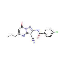 CCCc1cc(=O)n2nc(NC(=O)c3ccc(Cl)cc3)c(C#N)c2[nH]1 ZINC000473247156