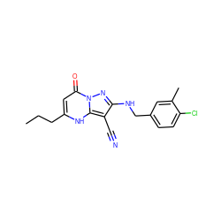 CCCc1cc(=O)n2nc(NCc3ccc(Cl)c(C)c3)c(C#N)c2[nH]1 ZINC000473249657