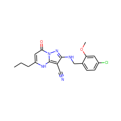 CCCc1cc(=O)n2nc(NCc3ccc(Cl)cc3OC)c(C#N)c2[nH]1 ZINC000473249666