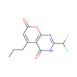 CCCc1cc(=O)oc2nc(C(F)F)[nH]c(=O)c12 ZINC000066080018