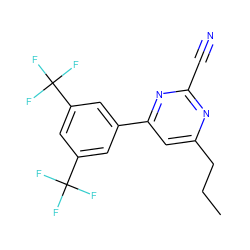 CCCc1cc(-c2cc(C(F)(F)F)cc(C(F)(F)F)c2)nc(C#N)n1 ZINC000058512587