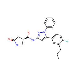 CCCc1cc(-c2cc(NC(=O)[C@H]3CNC(=O)C3)nn2-c2ccccc2)ccc1F ZINC000169706992