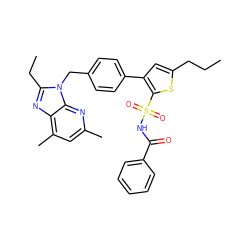 CCCc1cc(-c2ccc(Cn3c(CC)nc4c(C)cc(C)nc43)cc2)c(S(=O)(=O)NC(=O)c2ccccc2)s1 ZINC000029560446