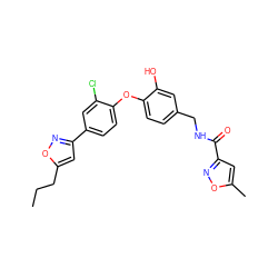 CCCc1cc(-c2ccc(Oc3ccc(CNC(=O)c4cc(C)on4)cc3O)c(Cl)c2)no1 ZINC000096271641