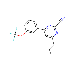 CCCc1cc(-c2cccc(OC(F)(F)F)c2)nc(C#N)n1 ZINC000058511753