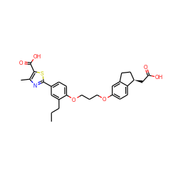 CCCc1cc(-c2nc(C)c(C(=O)O)s2)ccc1OCCCOc1ccc2c(c1)CC[C@H]2CC(=O)O ZINC000014977184