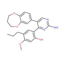 CCCc1cc(-c2nc(N)ncc2-c2ccc3c(c2)OCCCO3)c(O)cc1OC ZINC000013129915