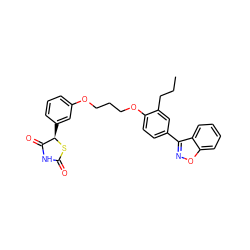 CCCc1cc(-c2noc3ccccc23)ccc1OCCCOc1cccc([C@H]2SC(=O)NC2=O)c1 ZINC000013553666