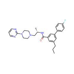 CCCc1cc(C(=O)N[C@@H](C)CN2CCN(c3ncccn3)CC2)cc(-c2ccc(F)cc2)c1 ZINC000045357847