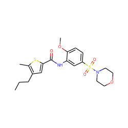 CCCc1cc(C(=O)Nc2cc(S(=O)(=O)N3CCOCC3)ccc2OC)sc1C ZINC000009956564