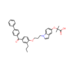 CCCc1cc(C(=O)c2ccc(-c3ccccc3)cc2)ccc1OCCCn1ccc2cc(OC(C)(C)C(=O)O)ccc21 ZINC000042804043