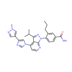 CCCc1cc(C(N)=O)ccc1-n1nc(C(C)C)c2c(-n3cnc(-c4cnn(C)c4)c3)ccnc21 ZINC000169216219