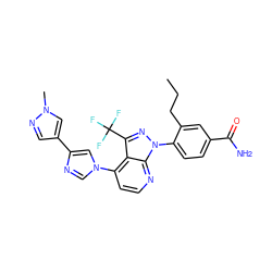 CCCc1cc(C(N)=O)ccc1-n1nc(C(F)(F)F)c2c(-n3cnc(-c4cnn(C)c4)c3)ccnc21 ZINC000169703559