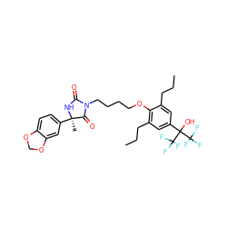 CCCc1cc(C(O)(C(F)(F)F)C(F)(F)F)cc(CCC)c1OCCCCN1C(=O)N[C@](C)(c2ccc3c(c2)OCO3)C1=O ZINC000114059950