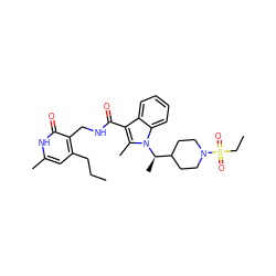 CCCc1cc(C)[nH]c(=O)c1CNC(=O)c1c(C)n([C@H](C)C2CCN(S(=O)(=O)CC)CC2)c2ccccc12 ZINC000474609839