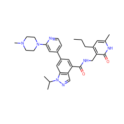 CCCc1cc(C)[nH]c(=O)c1CNC(=O)c1cc(-c2ccnc(N3CCN(C)CC3)c2)cc2c1cnn2C(C)C ZINC000095564006