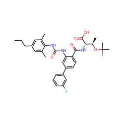 CCCc1cc(C)c(NC(=O)Nc2cc(-c3cccc(F)c3)ccc2C(=O)N[C@H](C(=O)O)[C@@H](C)OC(C)(C)C)c(C)c1 ZINC000044307626