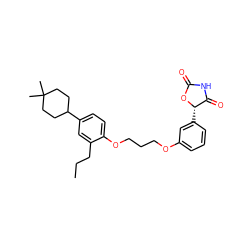 CCCc1cc(C2CCC(C)(C)CC2)ccc1OCCCOc1cccc([C@@H]2OC(=O)NC2=O)c1 ZINC000003972006