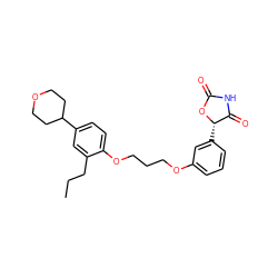 CCCc1cc(C2CCOCC2)ccc1OCCCOc1cccc([C@@H]2OC(=O)NC2=O)c1 ZINC000003972024