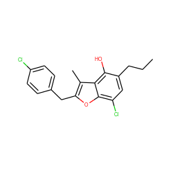 CCCc1cc(Cl)c2oc(Cc3ccc(Cl)cc3)c(C)c2c1O ZINC000003800385