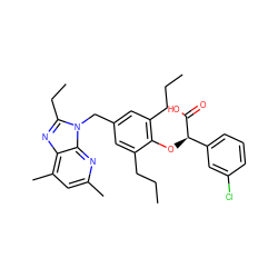 CCCc1cc(Cn2c(CC)nc3c(C)cc(C)nc32)cc(CCC)c1O[C@@H](C(=O)O)c1cccc(Cl)c1 ZINC000013834060