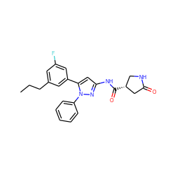 CCCc1cc(F)cc(-c2cc(NC(=O)[C@@H]3CNC(=O)C3)nn2-c2ccccc2)c1 ZINC000169707018