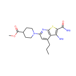 CCCc1cc(N2CCC(C(=O)OC)CC2)nc2sc(C(N)=O)c(N)c12 ZINC000045254554