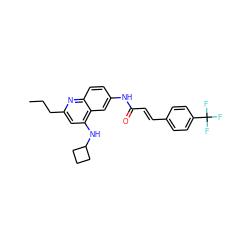 CCCc1cc(NC2CCC2)c2cc(NC(=O)/C=C/c3ccc(C(F)(F)F)cc3)ccc2n1 ZINC000034376920