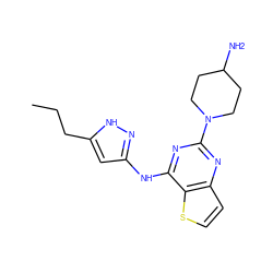 CCCc1cc(Nc2nc(N3CCC(N)CC3)nc3ccsc23)n[nH]1 ZINC000473167311