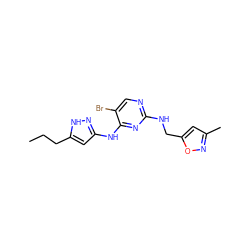 CCCc1cc(Nc2nc(NCc3cc(C)no3)ncc2Br)n[nH]1 ZINC000084731779