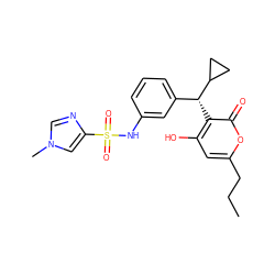 CCCc1cc(O)c([C@H](c2cccc(NS(=O)(=O)c3cn(C)cn3)c2)C2CC2)c(=O)o1 ZINC000003815638