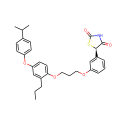 CCCc1cc(Oc2ccc(C(C)C)cc2)ccc1OCCCOc1cccc([C@H]2SC(=O)NC2=O)c1 ZINC000012358485