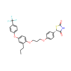 CCCc1cc(Oc2ccc(C(F)(F)F)cc2)ccc1OCCCOc1ccc([C@@H]2SC(=O)NC2=O)cc1 ZINC000029480793