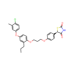 CCCc1cc(Oc2ccc(Cl)c(C)c2)ccc1OCCCOc1ccc([C@H]2SC(=O)NC2=O)cc1 ZINC000098082784