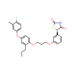 CCCc1cc(Oc2ccc(F)c(C)c2)ccc1OCCCOc1cccc([C@H]2SC(=O)NC2=O)c1 ZINC000012358499