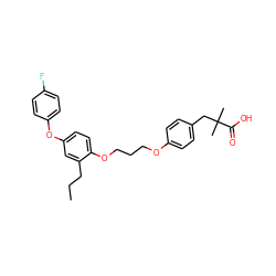 CCCc1cc(Oc2ccc(F)cc2)ccc1OCCCOc1ccc(CC(C)(C)C(=O)O)cc1 ZINC000071282377