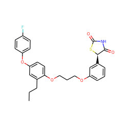 CCCc1cc(Oc2ccc(F)cc2)ccc1OCCCOc1cccc([C@H]2SC(=O)NC2=O)c1 ZINC000003817162