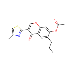 CCCc1cc2c(=O)c(-c3nc(C)cs3)coc2cc1OC(C)=O ZINC000000178273