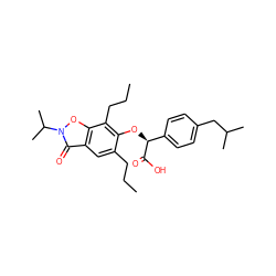 CCCc1cc2c(=O)n(C(C)C)oc2c(CCC)c1O[C@H](C(=O)O)c1ccc(CC(C)C)cc1 ZINC000012358601