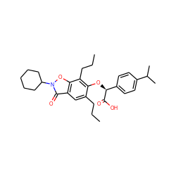 CCCc1cc2c(=O)n(C3CCCCC3)oc2c(CCC)c1O[C@H](C(=O)O)c1ccc(C(C)C)cc1 ZINC000012358600