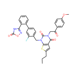 CCCc1cc2c(=O)n(CC(=O)c3ccc(OC)cc3)c(=O)n(Cc3ccc(-c4ccccc4-c4noc(=O)[nH]4)cc3F)c2s1 ZINC000096169989