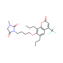 CCCc1cc2c(C(F)(F)F)cc(=O)oc2c(CCC)c1OCCCCN1C(=O)CN(C)C1=O ZINC000116619171