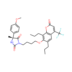 CCCc1cc2c(C(F)(F)F)cc(=O)oc2c(CCC)c1OCCCCN1C(=O)N[C@](C)(c2ccc(OC)cc2)C1=O ZINC000116616945