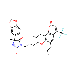 CCCc1cc2c(C(F)(F)F)cc(=O)oc2c(CCC)c1OCCCCN1C(=O)N[C@](C)(c2ccc3c(c2)OCO3)C1=O ZINC000116617855