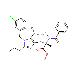 CCCc1cc2c(n1Cc1cccc(Cl)c1)[C@H](C)[C@@H]1CN(C(=O)c3ccccc3)[C@](C)(C(=O)OC)[C@H]21 ZINC000033913628