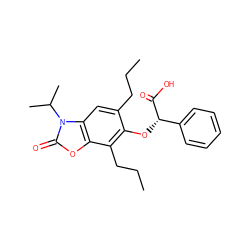 CCCc1cc2c(oc(=O)n2C(C)C)c(CCC)c1O[C@H](C(=O)O)c1ccccc1 ZINC000012358595