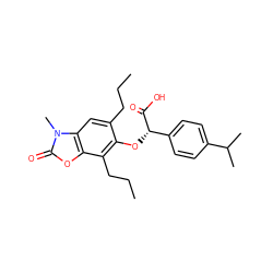 CCCc1cc2c(oc(=O)n2C)c(CCC)c1O[C@H](C(=O)O)c1ccc(C(C)C)cc1 ZINC000012358590